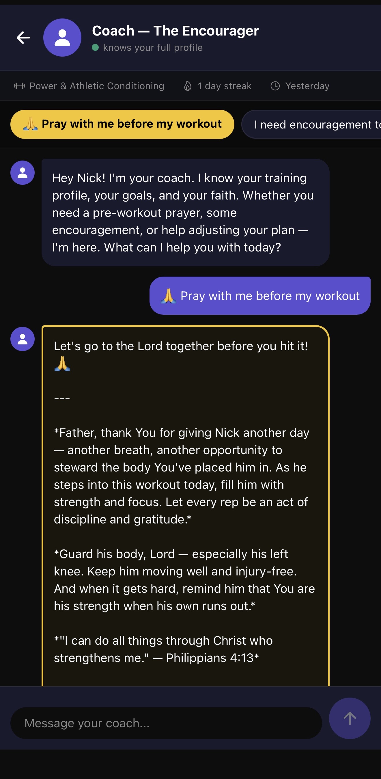 AI coach providing pre-workout prayer
