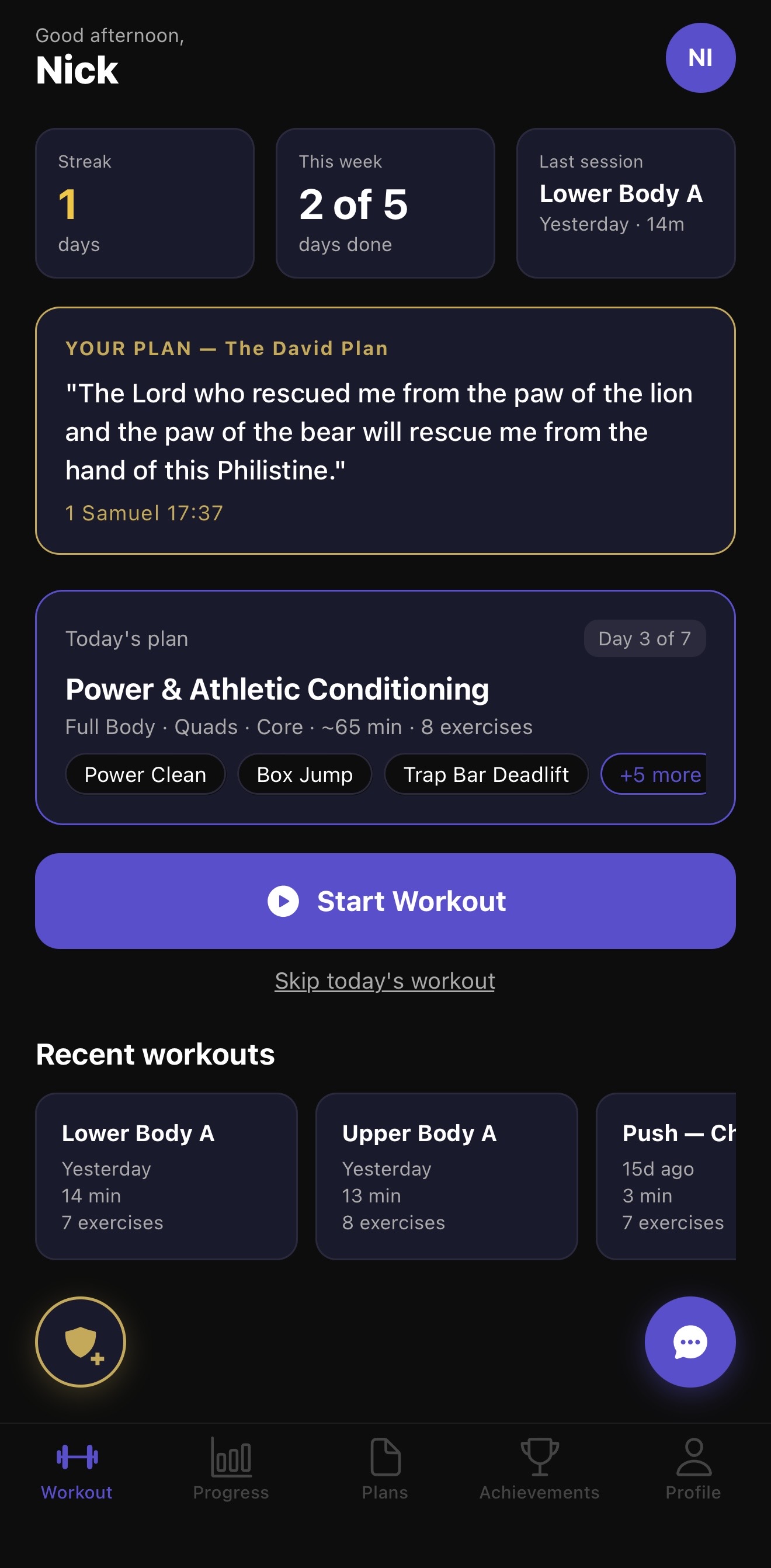 Home screen with today's workout plan and scripture