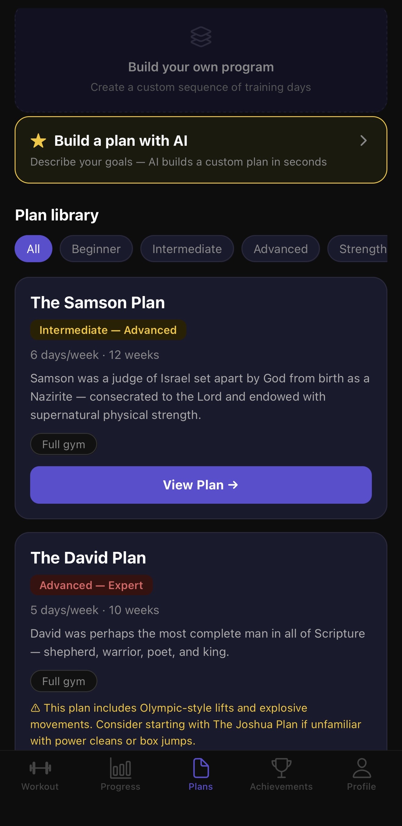Biblical workout plans library
