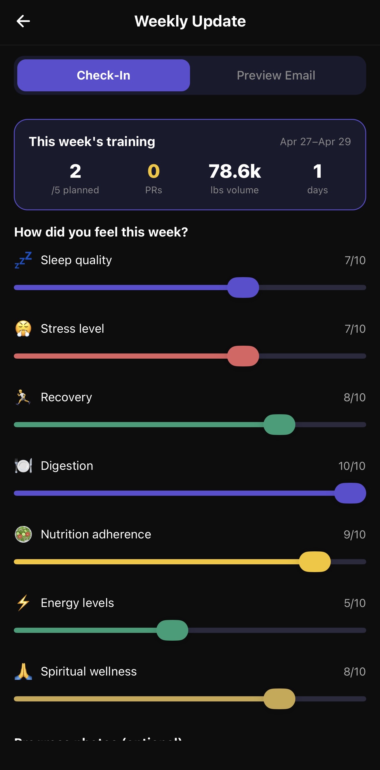 Weekly check-in with wellness tracking