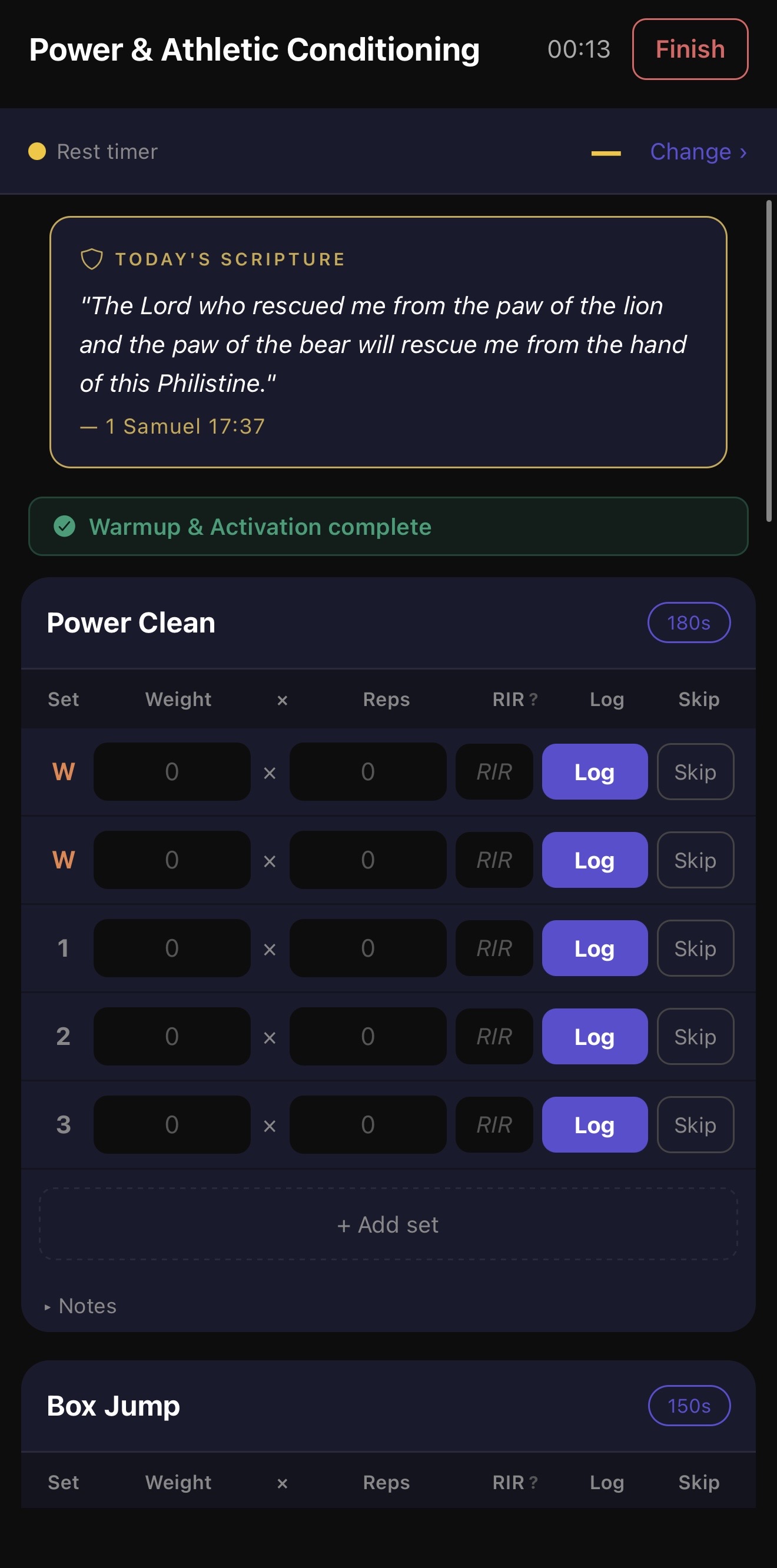 Active workout with scripture and set logging
